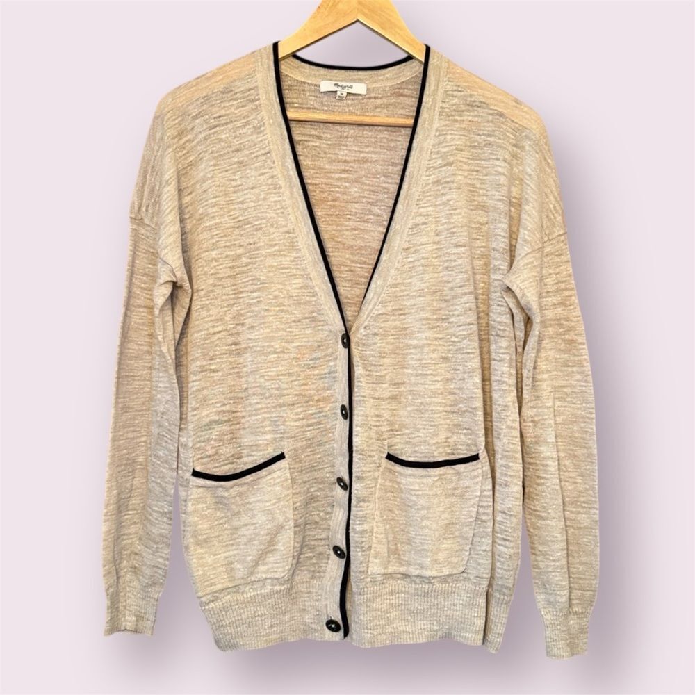 MADEWELL Linen Blend Contrast Trim V-Neck Lightweight Cardigan